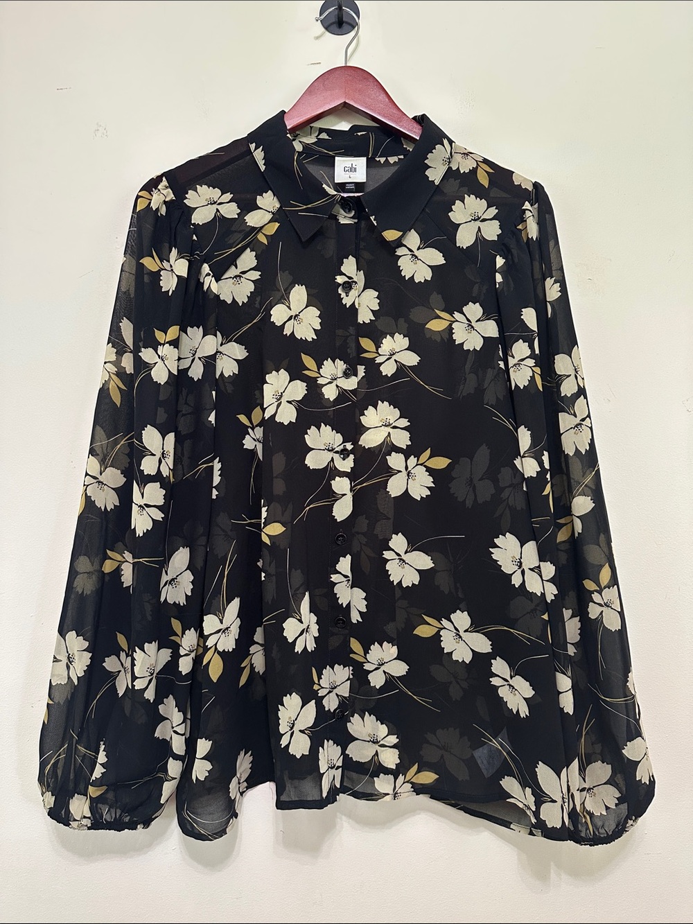 Cabi Black Floral Semi-Sheer Button-Up Blouse with Cream Blooms
